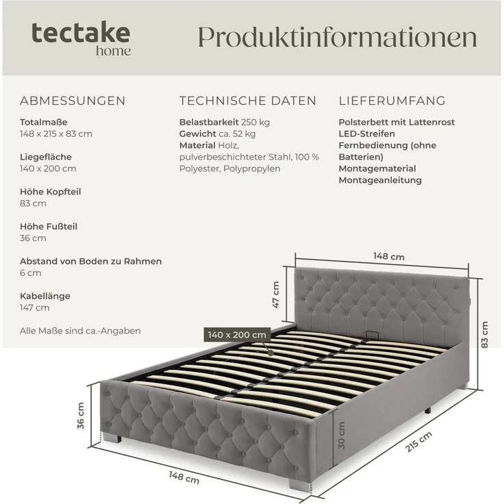 tectake Polsterbett Komfortbett mit LED-Leisten & Stauraum - Samtoptik mit Steppmuster (Bettset, in Dunkelgrau), stabiler Stahlrahmen, Belastbarkeit 250 kg – Bild 2