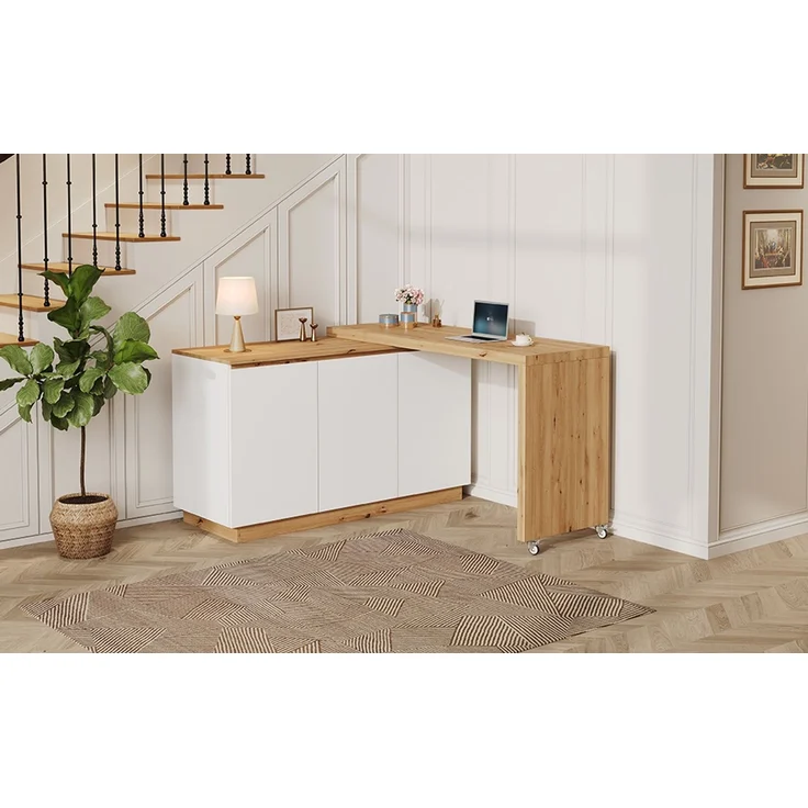 ZUBALIYA Schreibtisch mit feststellbaren Rollen – multifunktionales Design, 4 cm dickere, drehbare Tischplatte, fest arretierbar, weiß/Eiche, Faltbarer Schreibtisch, Eckschreibtisch, Sideboard,Dicke Materialie – Bild 18
