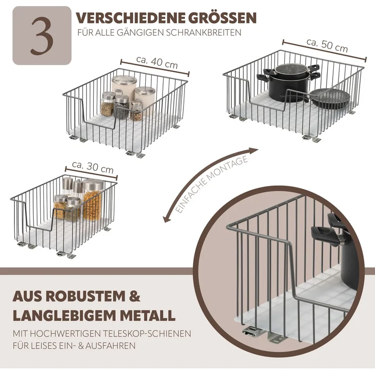 bremermann Schrank-Korbauszug 2er 40 cm mit Einlegeboden, aus Metall, in Grau – Bild 6