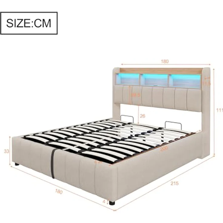 Ball & Cast Polsterbett (180x200 cm) mit USB-Anschluss und Lichtleiste, Hydraulische Lagerfunktion + Weicher Kantenschutz, Einfach & Zeitsparend Montierbar, Leinenstoff Beige – Bild 4