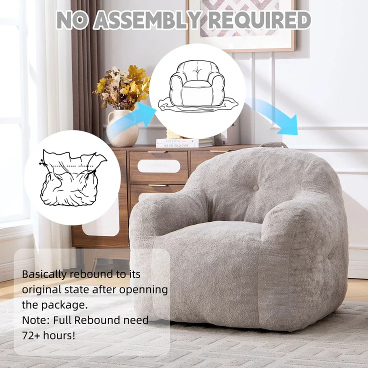 Sitzsack mit Füllung aus Schaumstoffflocken, Kunstfell-Sitzsacksofa mit Armlehnen, für Wohnzimmer, Schlafzimmer und Leseecke, keine Montage erforderlich, Hellgrau – HELLGRAU – 95 x 95 x 79 cm – YOUDENOVA – Bild 7