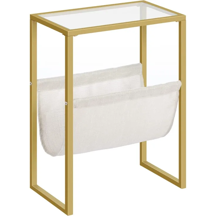 HOOBRO Beistelltisch Schmal, Goldfarbener Nachttisch mit Zeitschriftenschlinge aus Stoff und Glasplatte, Geeignet für Kleine Räume, Goldfarben EGD66BZ01