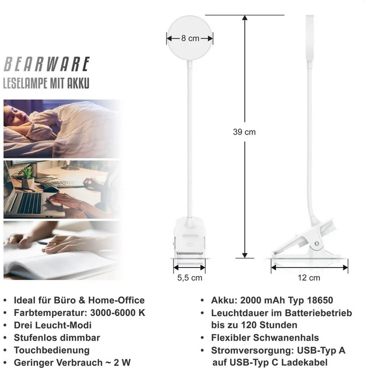 BEARWARE LED Tischleuchte Tischlampe, Nachttischlampe, Leselampe, Schreibtischlampe, Dimmfunktion, Ein-/Ausschalter, Farbwechsel, mehrere Helligkeitsstufen, LED fest integriert, Kaltweiß, Neutralweiß, Warmweiß, zum Anklemmen, 3 Lichtfarben, stufenlos d...