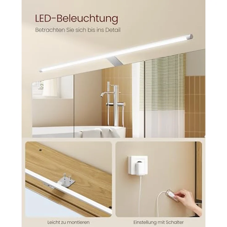 VASAGLE Badezimmerschrank mit LED-Beleuchtung, 14,5 x 70 x 70 cm, Stecker, Hängekorb, Haartrockner-Halter, Spiegelschrank, Badschrank, Wandschrank, für Badezimmer, natureichenfarben BBK124Y01 – Bild 5