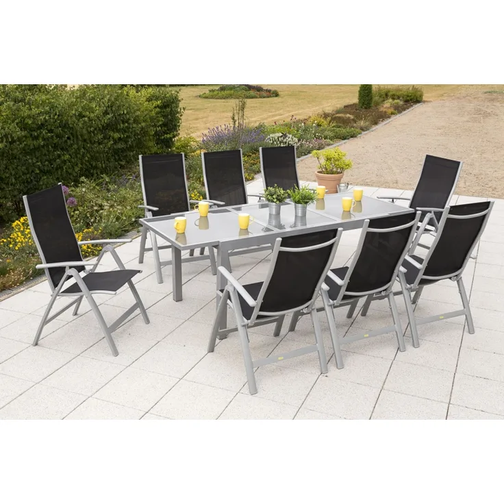 Carrara Gartenmöbel Set 9tlg, Ausziehtisch, schwarz