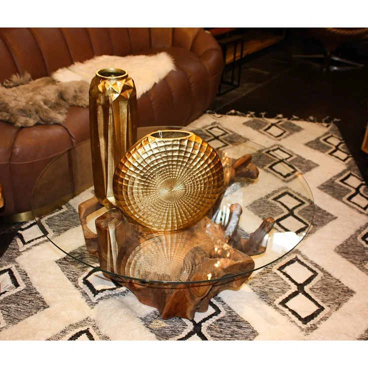 Kare Design Couchtisch Roots, Braun, 100cm Durchmesser, Beistelltisch, Wohnzimmertisch, Massivholz Korpus, ESG-Glas Tischplatte, handgemacht, Unikat, rund, 45 x 100 x 100 cm (H/B/T) – Bild 2