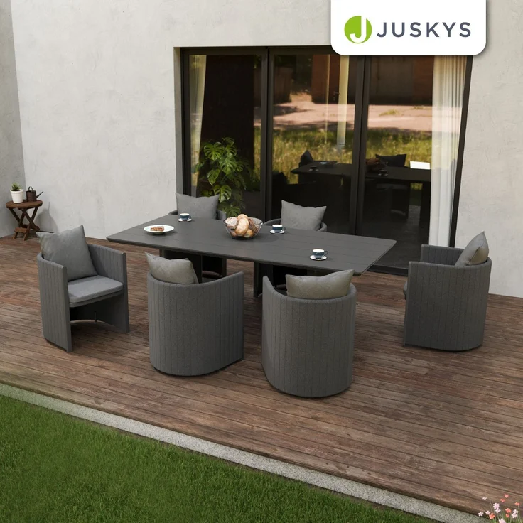 Juskys Premium Gartengarnitur Costa Luna 7-teilig - Witterungsbeständig & pflegeleicht - mit Tisch & 6 Stühlen - inkl. weicher Sitzkissen - Anthrazit – Bild 7