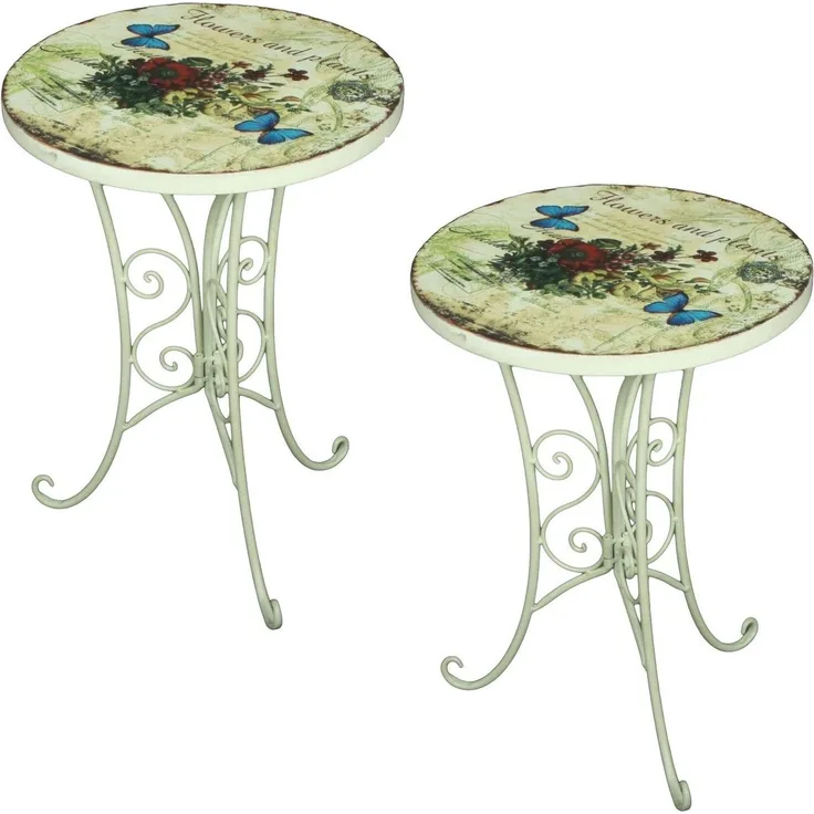 2er Set Beistelltisch FLORAL Garten Balkon Tisch rund Shabby Vintage Stil weiß