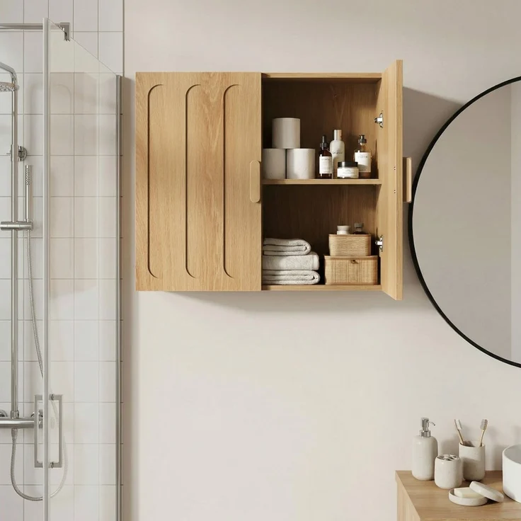 BBWL Hängeschrank Medizinschrank mit verstellbaren Einlegeböden Doppeltür Hängeschrank Badezimmerschrank wandhängend Eiche platzsparend – Bild 4