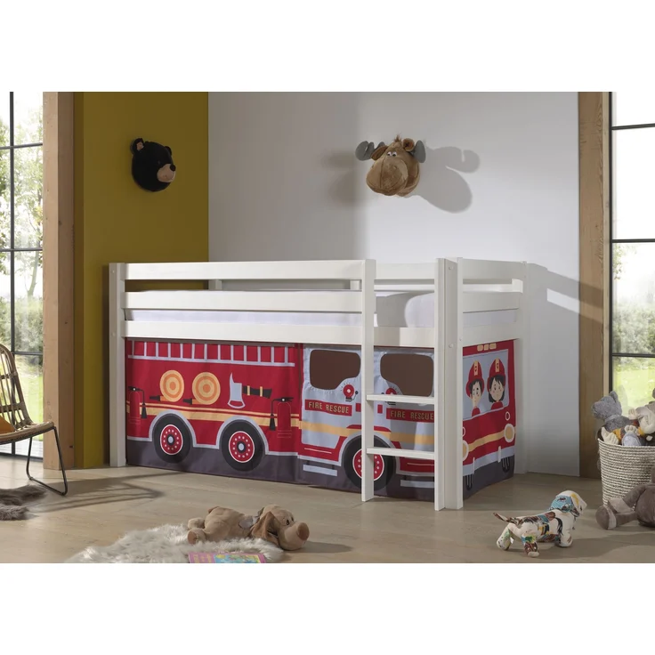 Kinderbett Karolina 210x114x106 Massivholz Weiß Textilset Feuerwehr – Bild 2