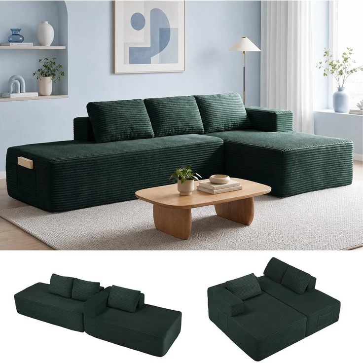 COMHOMA Ecksofa mit Schlaffunktion, 255cm Corduroy Modulares Boneless Couch mit Chaiselongue & Rücken-Metallgestell, L-Form Schlafsofa mit offenem Design, Kissen & Seitentaschen,für Wohnzimmer, Grün-L – Bild 14