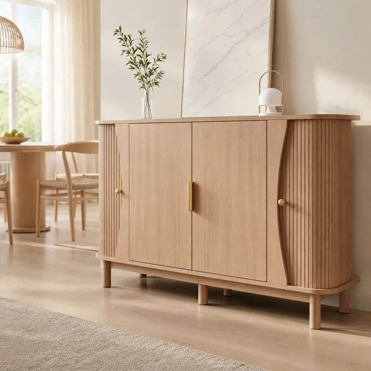 DESVIAE Sideboard Naturfarben aus MDF – 140x88x40 cm – 2 Rollotüren, verstellbarer Einlegeboden