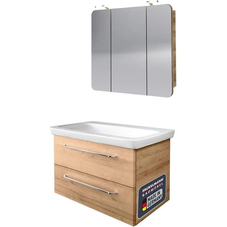 FACKELMANN MILANO Waschtisch Set mit Spiegelschrank 88 cm breit, Braun hell, Waschbecken Keramik Weiß