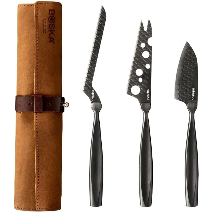 Boska Käsemesser-Set Monaco+ Schwarz, 3-tlg. mit Lederhülle, Käsemesser, Edelstahl, Schwarz, 28 cm, 307089