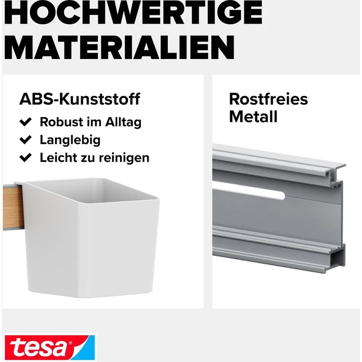 tesa Hakenleiste tesa Küchen-Organizer Kombi-Set M - selbstklebende Küchenleiste, (Komplett-Set, 6 St, inkl. Kräutertopf, 2 Ablagen, Utensilienhalter, Hakenleiste (3 Haken), Flexible Organisationsleiste für die Küche, Montage ohne Bohren – Bild 6