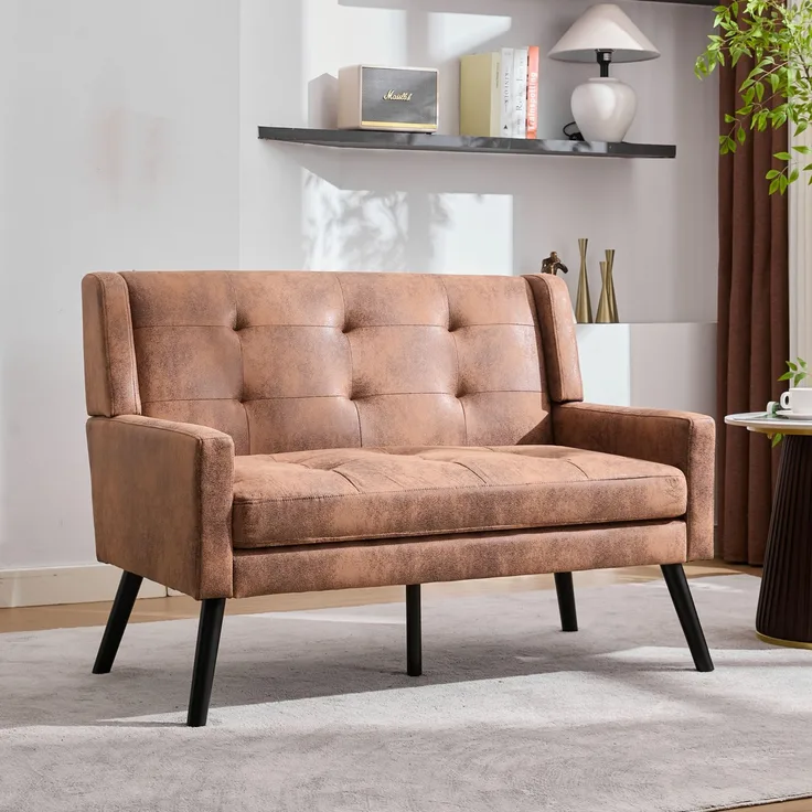 LVHOM 2-Sitzer Sofa aus Suedevlies mit Knopfsteppung, Loveseat mit hochdichter Schaumstoffpolsterung und Massivholzbeinen, Stoffsofa für Wohnzimmer & Büro, bis 260kg, Braun
