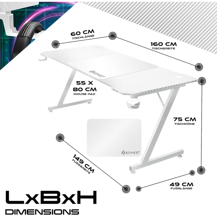 KESSER® Gaming Tisch LED | Z-Form Gamer Schreibtisch | Kopfhörerhaken & Kohlebeschichtung | Ergonomischer PC Computertisch | Stabiler Tisch mit Mauspad & Getränkehalter Weiß Carbon, 160 x 60 cm – Bild 2