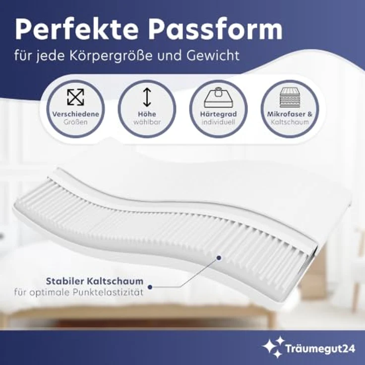 Träumegut24 AquaFlex 7-Zonen Kaltschaummatratze 80x200cm, 22cm, H2 | Ergonomisch, Bezug abnehmbar & waschbar, Hypoallergen & Antibakteriell, OEKO-TEX Standard 100 – Bild 2