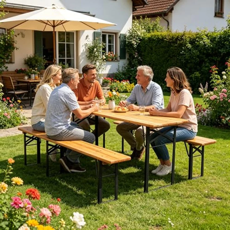 Ball & Cast Bierzeltgarnitur 3-teilig, Biertisch Klapptisch mit 2 Sitzbänken, Camping Tisch faltbar, Wetterfester Kiefer Massiv, Natur, 175 cm – Bild 5