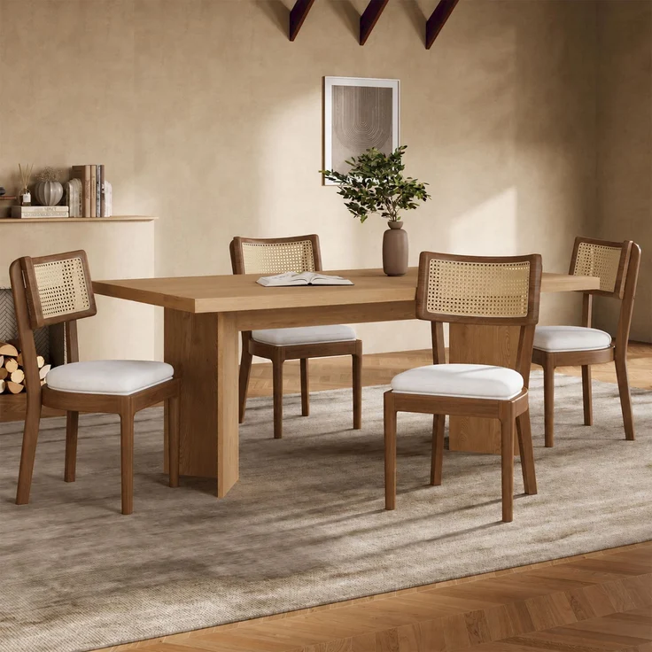 4 Esszimmerstühle aus Massivholz mit Rattan-Rückenlehnen, bequem und atmungsaktiv, geeignet für Esszimmer, Wohnzimmer, Cafés, moderner Stil, Leinen, Walnussholzfarbe und Beige – Bild 4