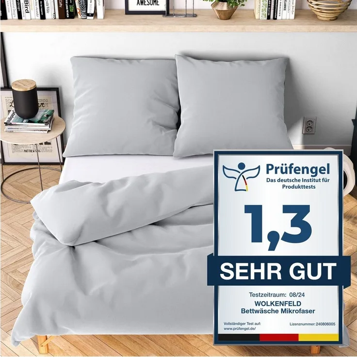 Wolkenfeld Bettwäsche 135x200 hell grau - kuschlig weich & bügelfrei - 1x Bettbezug + 1x Kissenbezug 80x80
