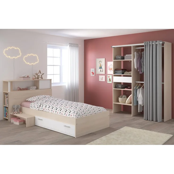 Jugendzimmer Charly von Parisot Kinderzimmer Komplett Set in Akazie und Weiß mit Hochbett oder Jugendbett – Verschiedene Set Varianten - 3 teilig , Jugendbett + Anstellregal + offener Kleiderschrank , 90 x 200 cm