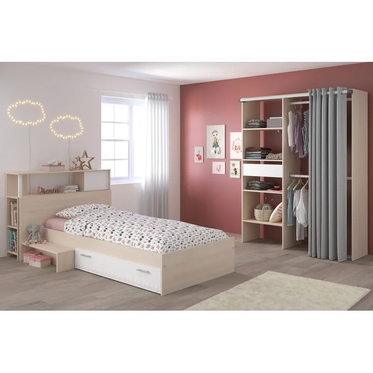 Jugendzimmer Charly von Parisot Kinderzimmer Komplett Set in Akazie und Weiß mit Hochbett oder Jugendbett – Verschiedene Set Varianten - 3 teilig , Jugendbett + Anstellregal + offener Kleiderschrank , 90 x 200 cm