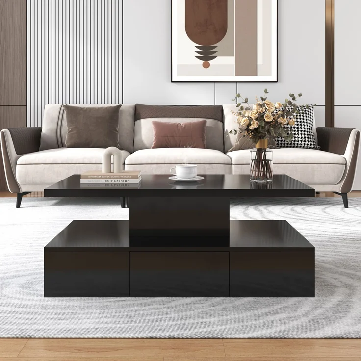 Merax Couchtisch, Tisch mit Schubladen, Hochglanzlackierung, Beistelltisch mit zwei Ablageebenen. Mit LED-Licht, Schwarz – Bild 7