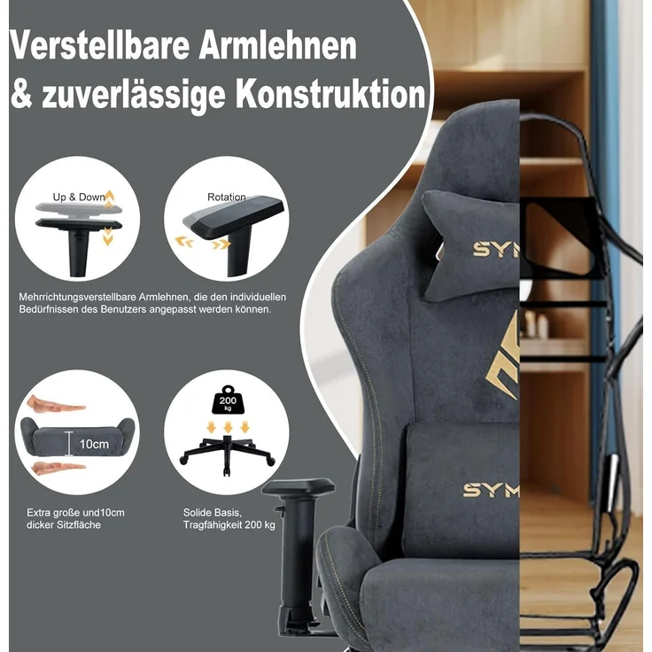 Symino Gaming Stuhl Bürostuhl Hochwertiger Stoff Ergonomisch Verstellbar Grau – Bild 4