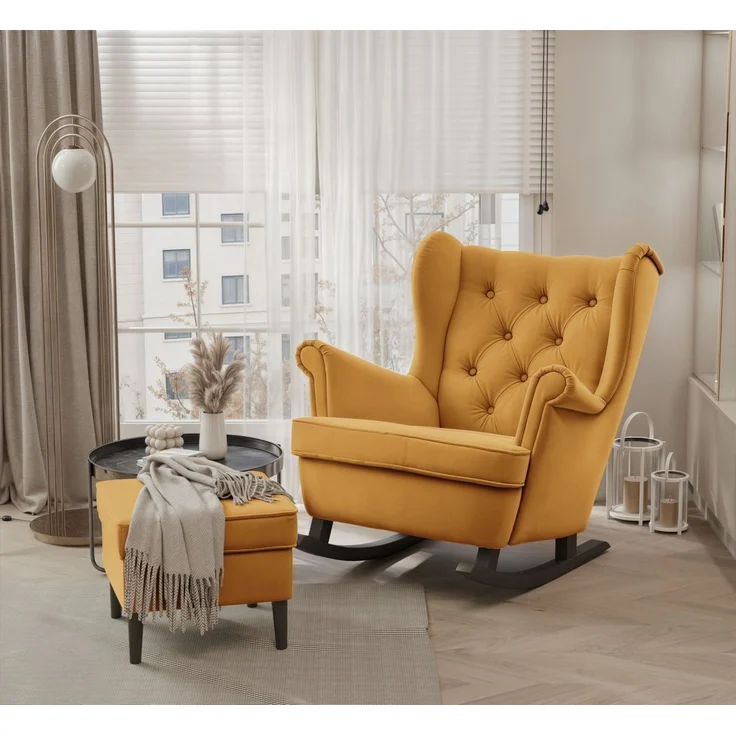 Schaukelsessel Ohrensessel Sessel NINON inkl. Hocker in Stoff Trinity Honiggelb – Bild 1