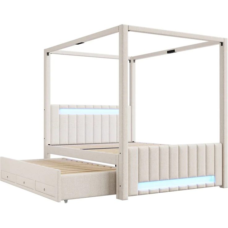 140x200 cm großes Polster-Himmelbett mit Ausziehbett und drei Schubladen, LED-Beleuchtung Beige – Bild 10