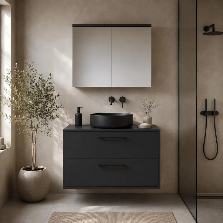 Badplaats Waschtischunterschrank Florence 80 x 46 cm - Mattschwarz - mit Spiegelschrank – Bild 2