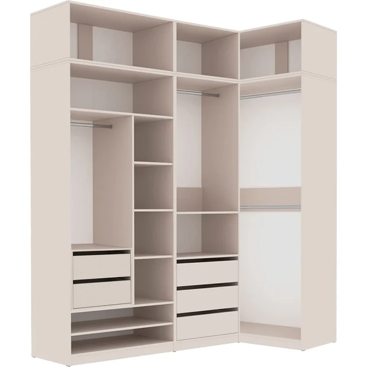 Marmex Möbel Tres Set-D/N Eckeinbauschrank mit Regalen, Schubladen und Kleiderstangen, offener Kleiderschrank system mit Aufsatz, laminierte Spanplatte, graubeige cashmere 111/190x246x51 cm – Bild 3