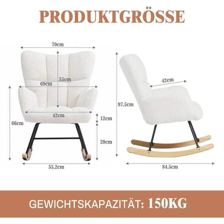HOME NATURE WOHNKONZEPT Schaukelstuhl, gepolstert, hohe Rückenlehne, Armlehnen & rutschfeste Füße, weißer Teddyplüsch, 97,5×84,5×70 cm – Bild 2