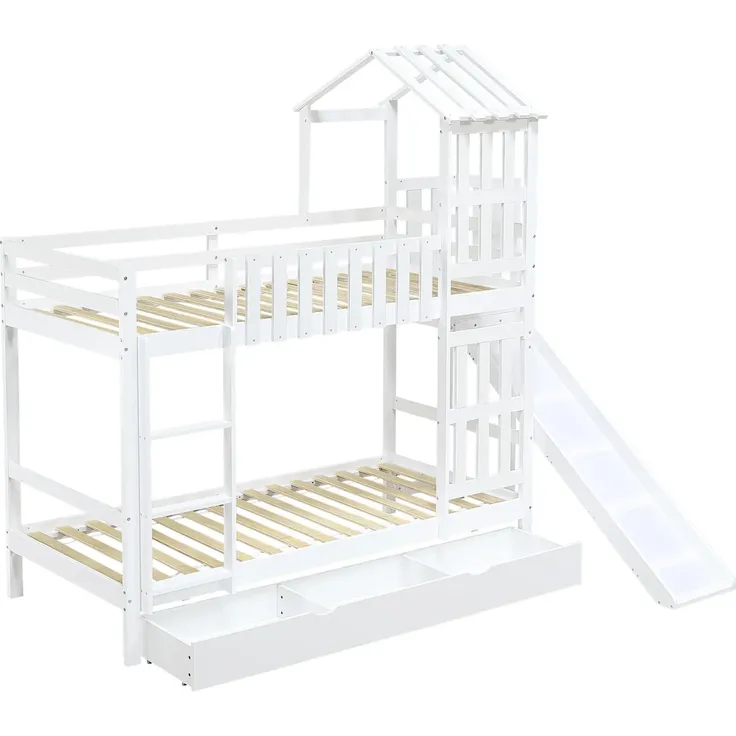 Etagenbett mit 2 Schlafgelegenheiten und Lattenrost, 90x200 cm, Kinderbett mit Rutsche, Schubladen und Rausfallschutz, Spielbett, Kiefer – Bild 5