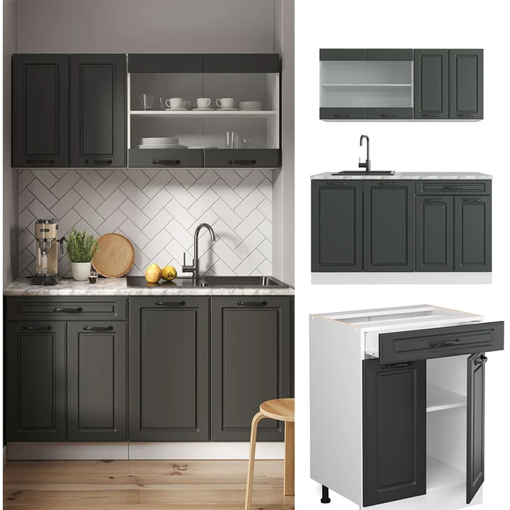 Singleküche R-Line Anthrazit Landhaus/Weiß 140 cm , AP Marmor Vicco – Bild 2