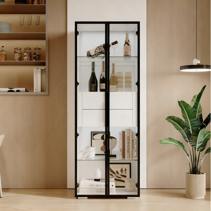 DESVIAE Vitrine mit LED-Beleuchtung und 2 Schubladen 60x160x40 cm MDF/Hartglas Weiß/Schwarz – Bild 3