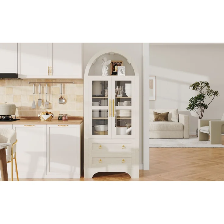 EINHOM Highboard mit verstellbaren Regalböden und Schubladen, Küchenschrank mit transparentem Glas und großem Stauraum, Ideal für Esszimmer, Wohnzimmer und Küche (Weiß), Weiß – Bild 4