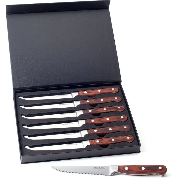 Hanseküche Steakmesser Steakmesser 6er Set – mit Holzgriff (Braun) (6 Stück), Modernes Design, Geschenkbox