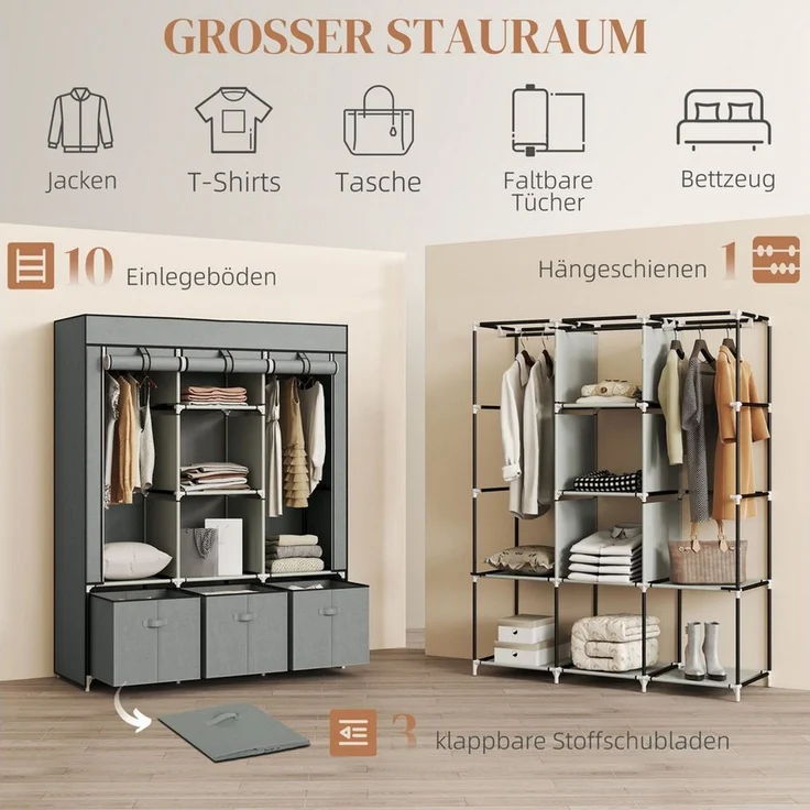 HOMCOM Stoffschrank mit Kleiderstangen, Schubladen, Reißverschluss (faltbarer Kleiderschrank, 1-St, Faltschrank) für Schlafzimmer, Hellgrau, 125 x 43 x 162,5 – Bild 3