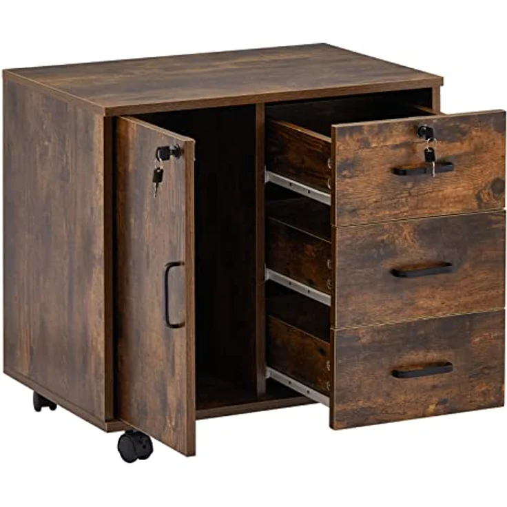 TUKAILAI Rollcontainer Aktenschrank aus Holz, Abschließbar Büroschrank mit 3 Schubladen und Tür, Mobiler Schreibtisch Unterschrank mit 4 Rollen für Büro Arbeitszimmer Wohnzimmer, 40×60×57 cm, Braun – Bild 7
