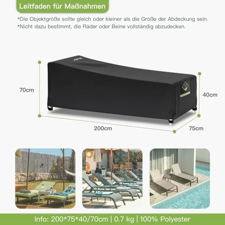Awnic gartenliege Abdeckung wasserdicht, schutzhülle für sonnenliege Winterfest, abdeckhaube liegen, liegestuhl Auflage, gartenmöbel abdeckplane 200 x 75 x 40/70cm – Bild 2