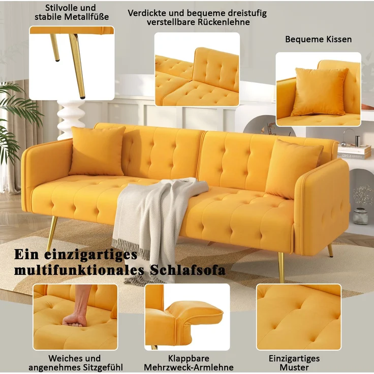 Sofabett 2-in-1 Samt,Zweisitzer mit verstellbarer Rückenlehne & Armlehnen, zum Gästebet,Gelb – Bild 6