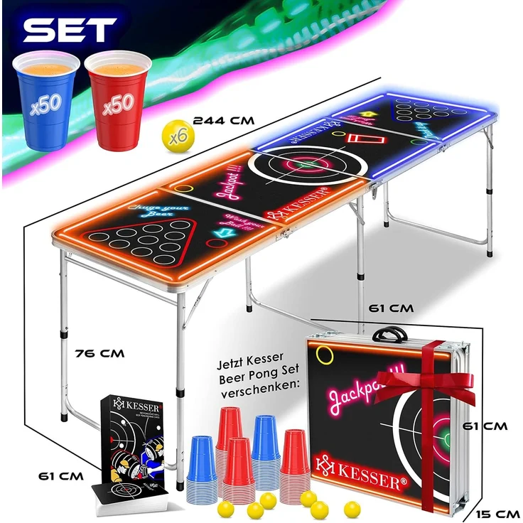 KESSER® Beer Pong Tisch Set mit LED, Kartenspiel, 100 Becher & 6 Bälle, höhenverstellbar / klappbar, Aluminium schwarz, 61 x 244 x 76 cm – Bild 9