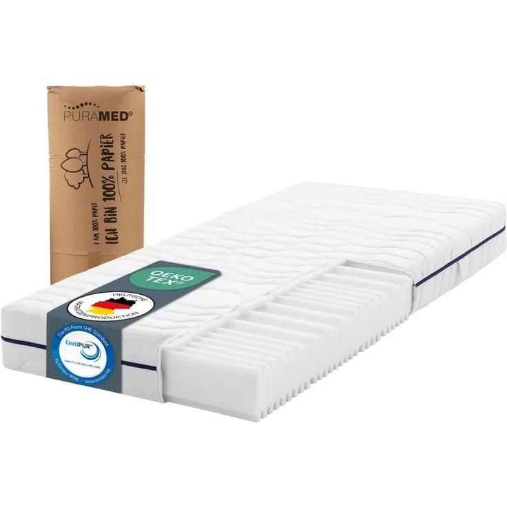 PURAMED Kaltschaummatratze - 200x200 cm - Höhe 18 cm - Härtegrad H2 & H3 - ergonomische 7-Zonen Matratze - produziert in Deutschland - waschbarer Mikrofaser-Bezug - Oeko-TEX® & CertiPUR Zertifiziert
