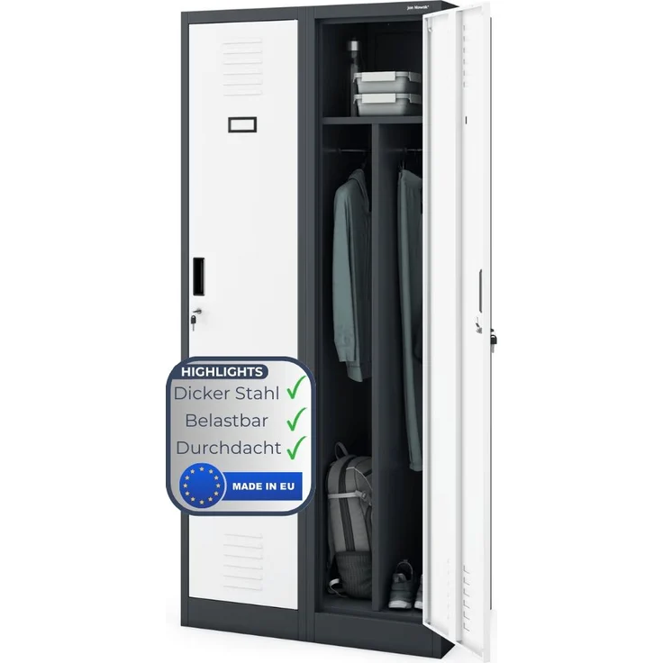 Umkleideschrank Spind WIEN - 2 Abteile, Etikettenhalter Lüftungsschlitze | Umkleidespind Metall Schließfachschrank Garderobenspind, 180x80x50cm Anthrazit-Weiß – Bild 1