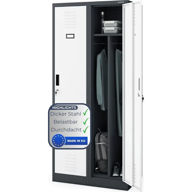 Umkleideschrank Spind WIEN - 2 Abteile, Etikettenhalter Lüftungsschlitze | Umkleidespind Metall Schließfachschrank Garderobenspind, 180x80x50cm Anthrazit-Weiß