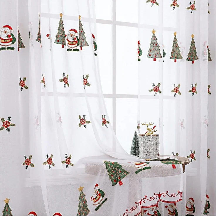 FOUORTUNATE-BEE Vorhang Weihnachtsvorhänge 2er-Set 130×245 cm mit gesticktem Deko-Motiv, Transparente Weihnachtsvorhänge mit Baum- und Santa-Stickerei – Bild 4