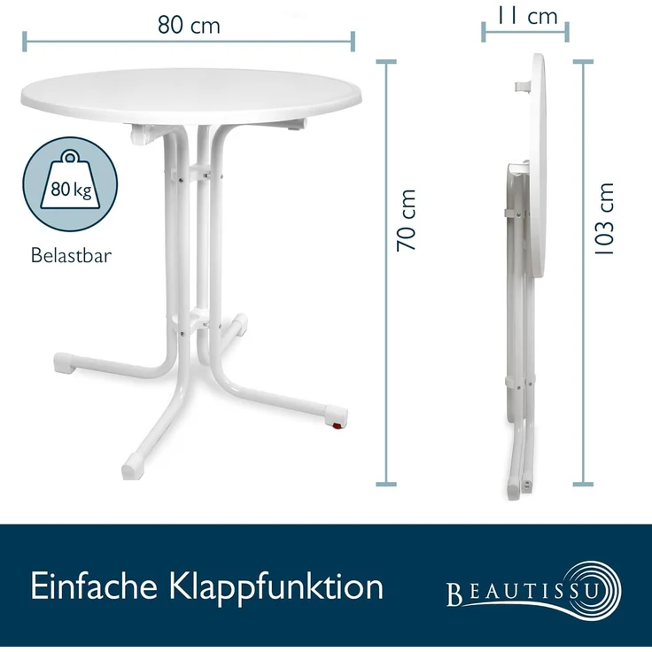 Beautissu Bistrotisch Outdoor Rund Ø 80 cm Wasserfest – Beistelltisch Balkontisch Wetterfest Gartentisch Rund Klappbar 70 cm hoch – Campingtisch Partytisch Esstisch Gastro – Weiß Bistroni – Bild 2