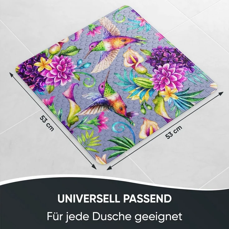 Sanilo Duschmatte, mit Motiv, rutschfest, waschbar, quadratisch, 230 extra starke Saugnäpfe, Kunststoff PVC, 53 x 53 cm, Kolibri – Bild 3